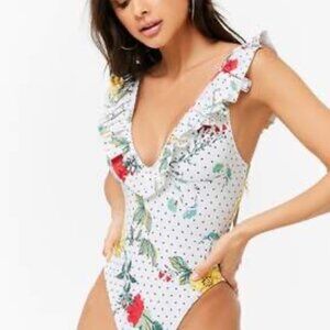 Forever 21 Sz S Vintage Y2K Deep-V Floral Ruffle One Piece Bathing Suit